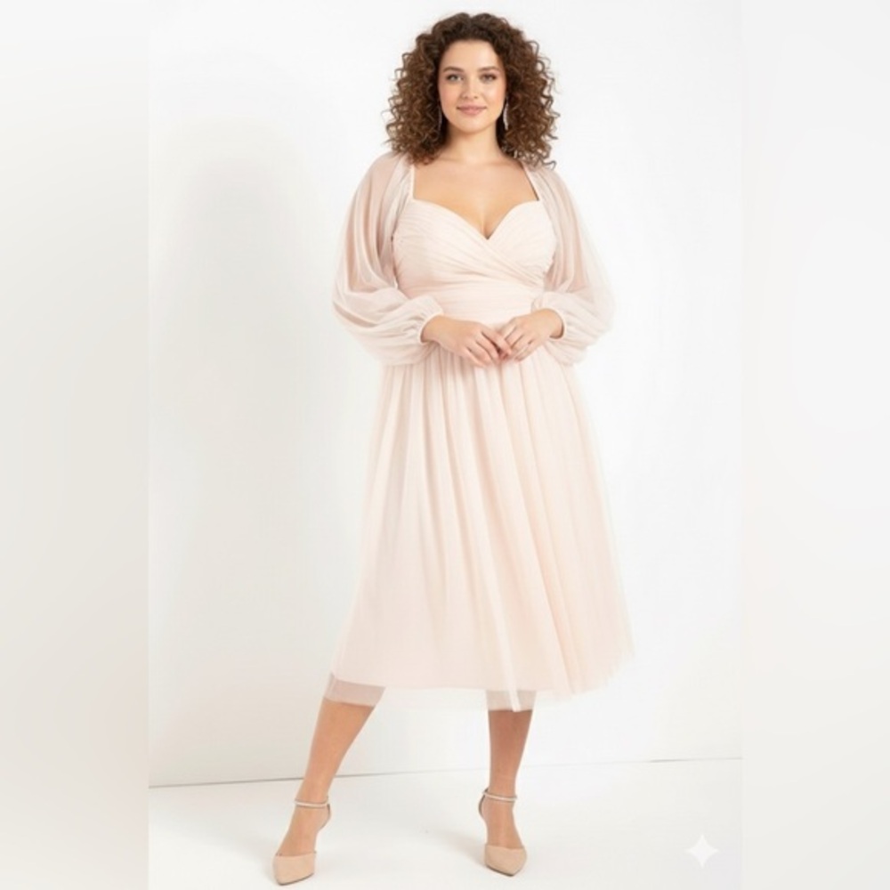 ELOQUII X Nabela Noor Light Pink Tulle‎ Feminine Puff Sleeve Tiered Midi Dress